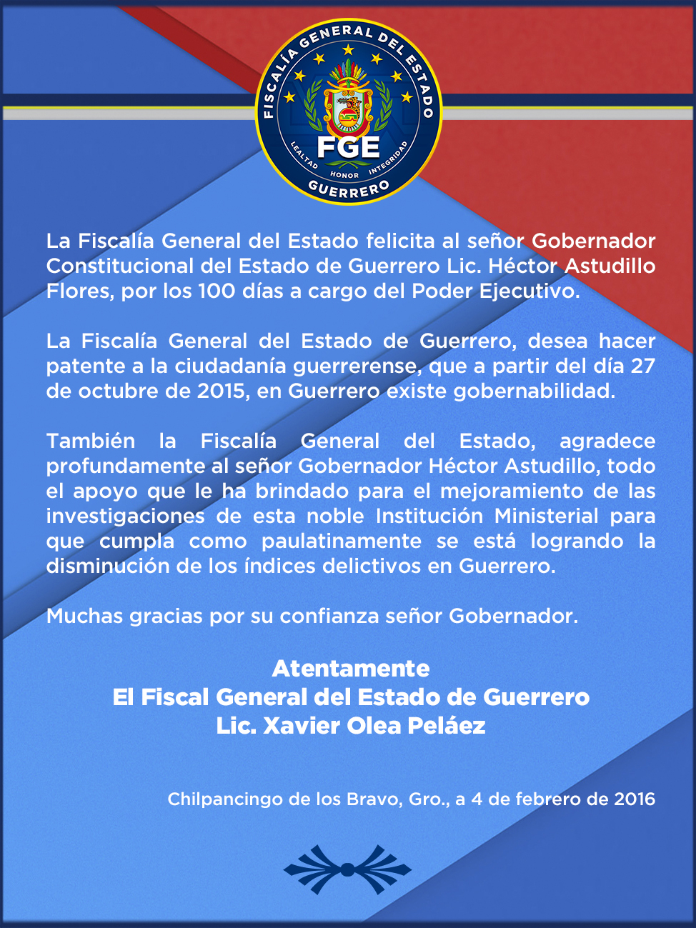 El fiscal del estado Xavier Olea Peláez felicita al gobernador del estado Héctor  Astudillo flores por sus 100 dias de gobierno. – Fiscalia General del  Estado de Guerrero
