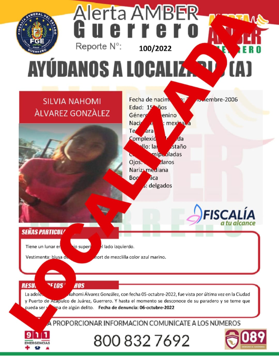 Silvia Nahomi Alvarez Gonzalez  Ya Fue Localizada.