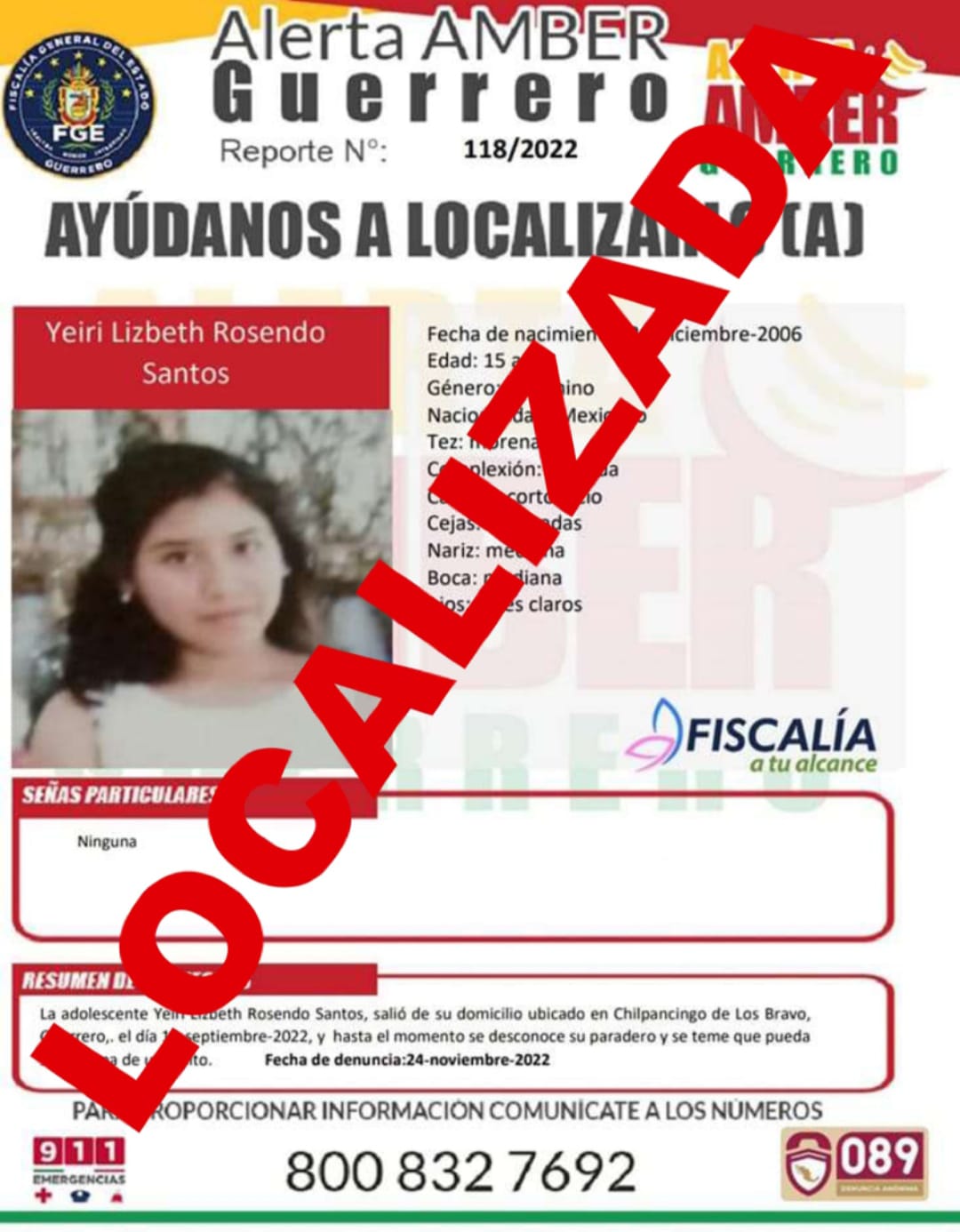 Yeiri Lizbeth Rosendo Santos Ya Fue Localizada.