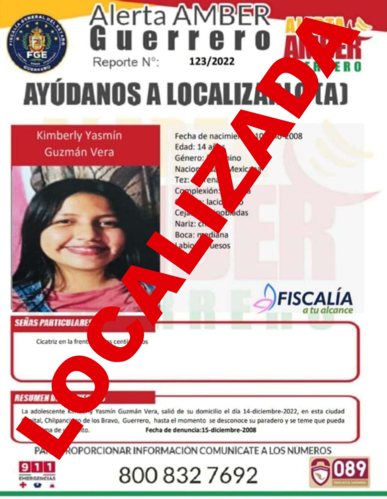 Kimberly Yasmín Guzmán Vera Ya Fue Localizada.