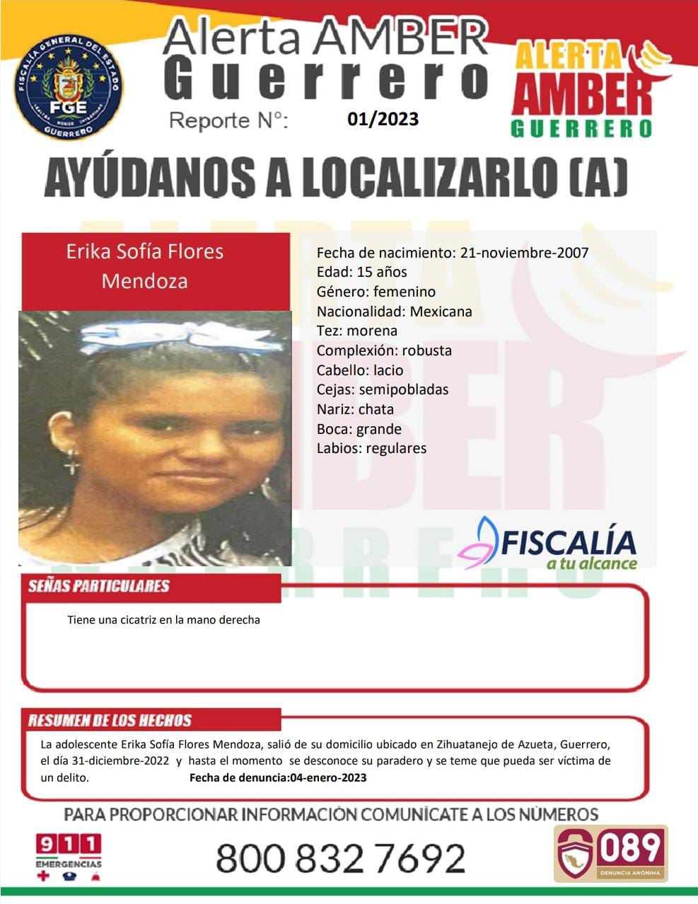 Fiscalía General Del Estado Solicita Su Colaboración Para Localizar A Erika Sofía Flores Mendoza.