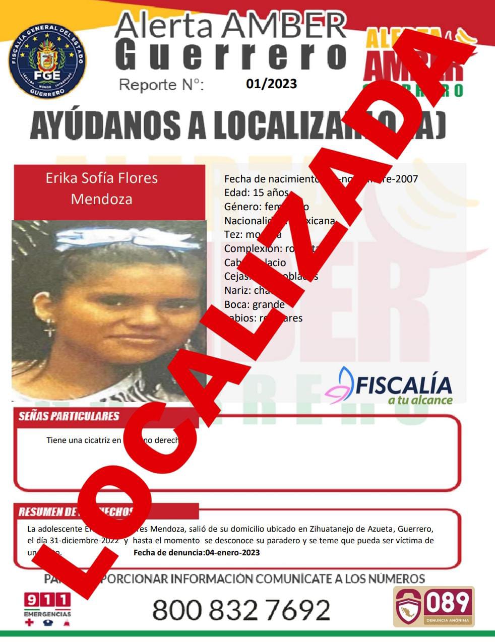 Erika Sofía Flores Mendoza Ya Fue Localizada.