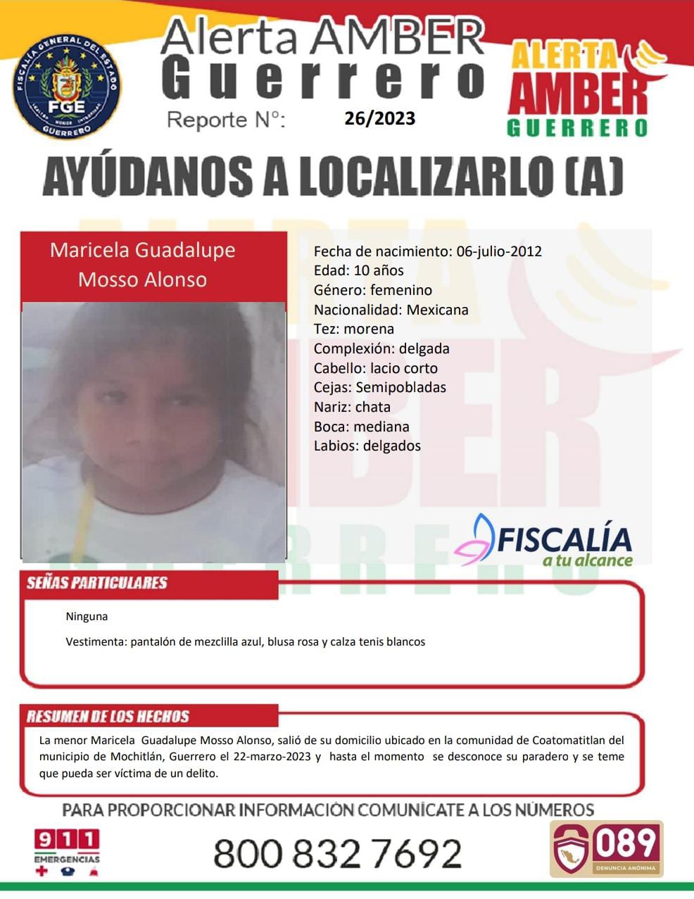Fiscalía General Del Estado Solicita Su Colaboración Para Localizar A La Menor Maricela Guadalupe Mosso Alonso.
