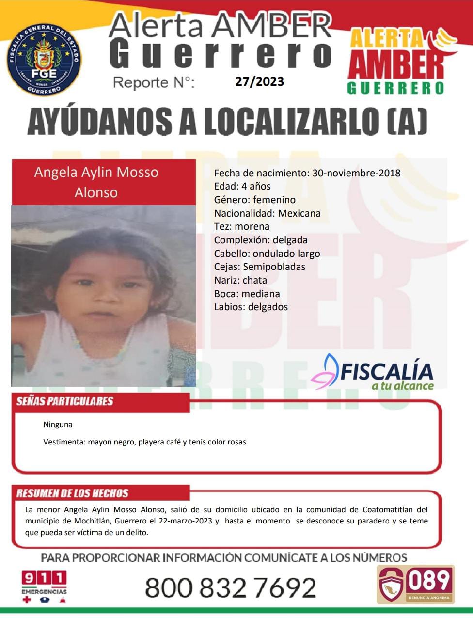 Fiscalía General Del Estado Solicita Su Colaboración Para Localizar A La Menor Angela Aylin Mosso Alonso.