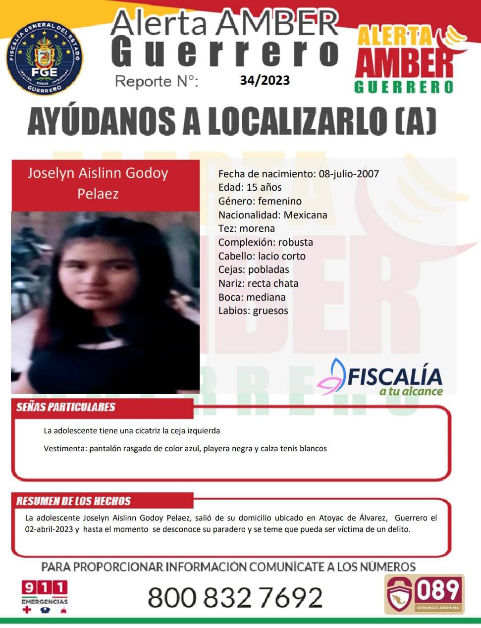 Fiscalía General Del Estado Solicita Su Colaboración Para Localizar A La Menor Joselyn Aislinn Godoy Peláez.