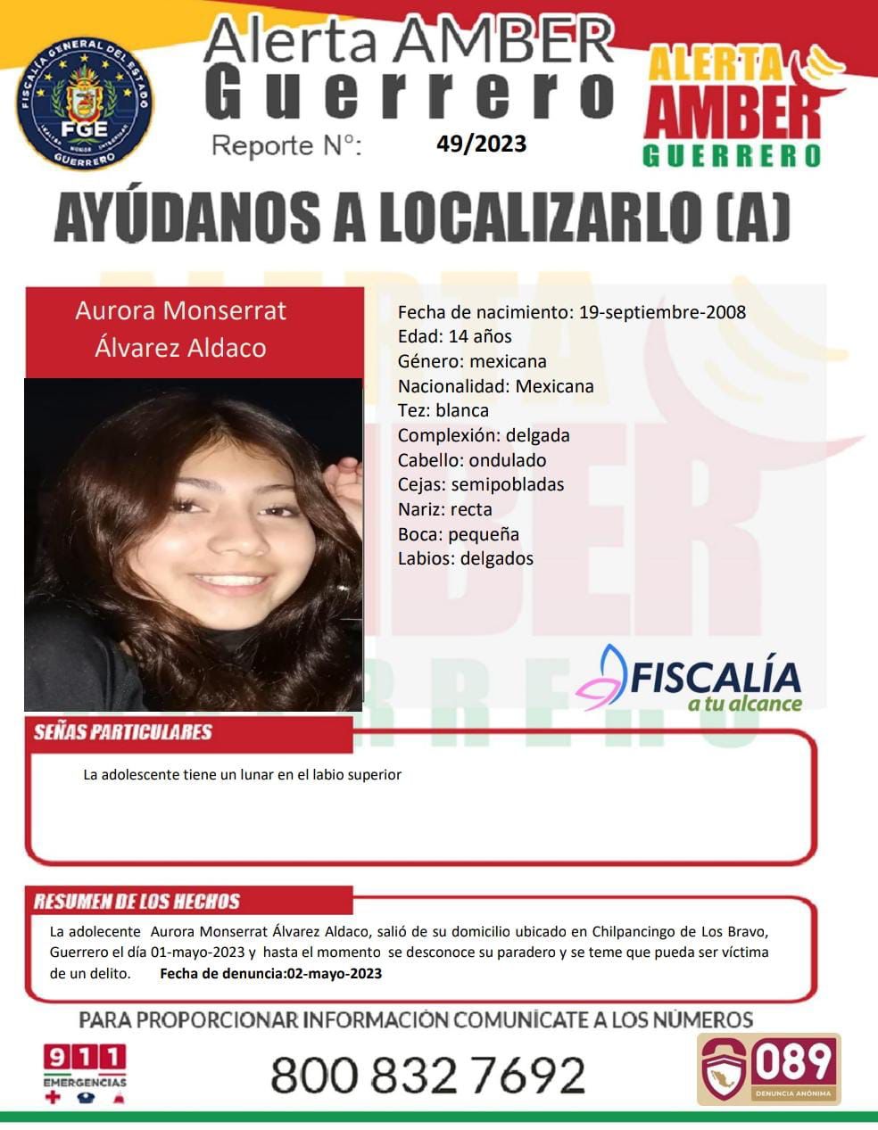 Fiscalía General Del Estado Solicita Su Colaboración Para Localizar A Aurora Monserrat Álvarez Aldaco.