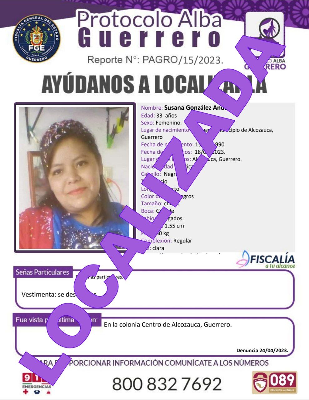 Fiscalía General Del Estado Agradece Su Colaboración Susana González Andujar Ya Fue Localizada.