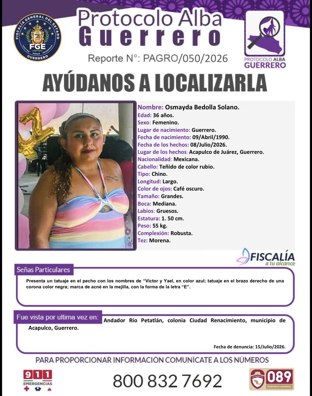 FGE Guerrero solicita su colaboración para localizar a Osmayda Bedolla Solano.
