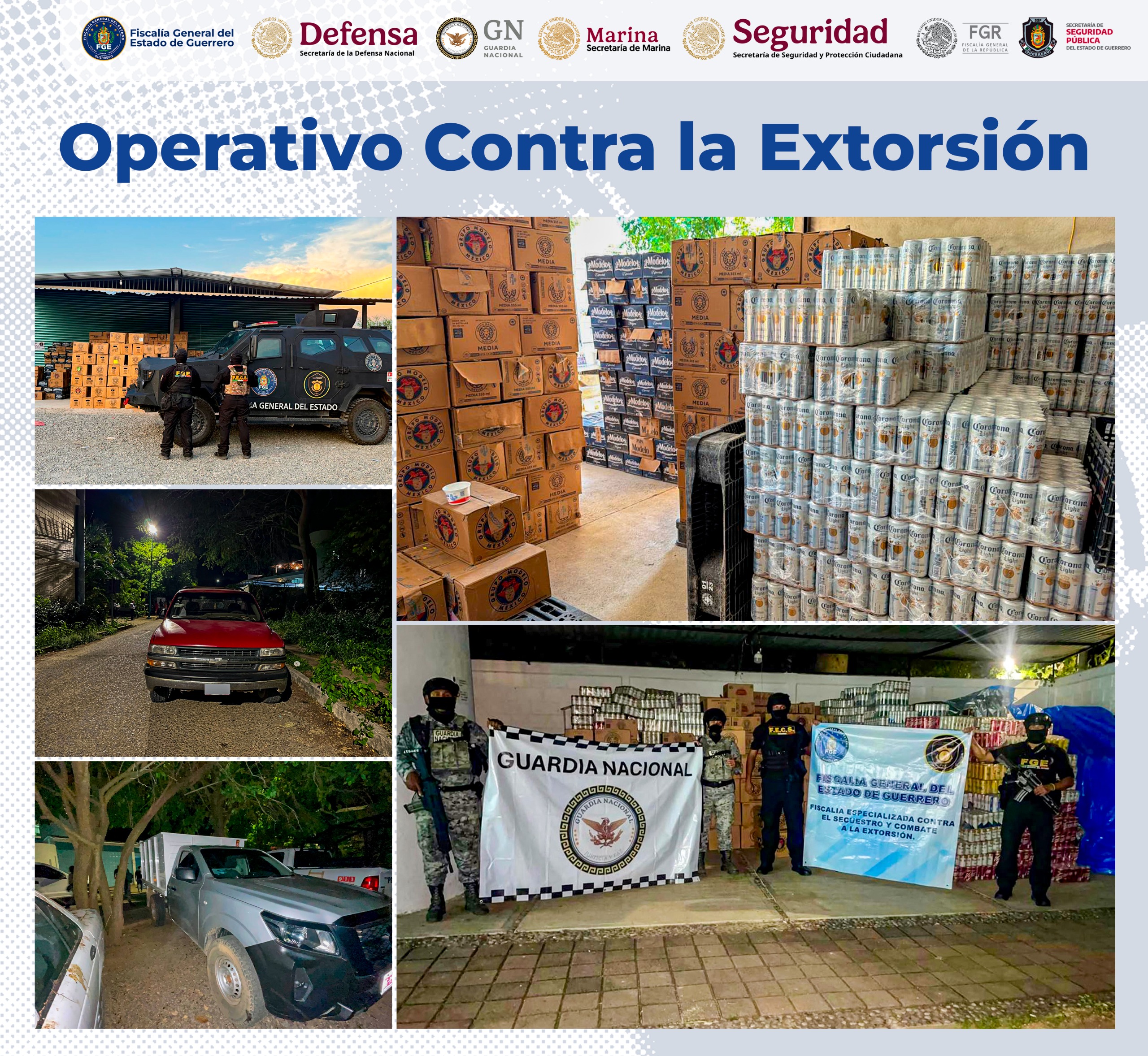 Investigaciones por extorsión permiten a FGE Guerrero catear establecimiento y asegurar dinero, vehículos y mercancía en La Unión