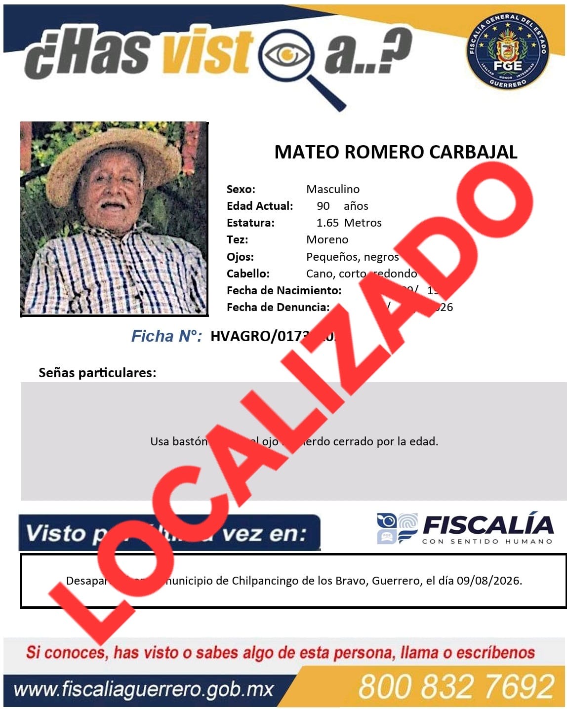 FGE Guerrero  agradece su colaboración, Mateo Romero Carbajal fue localizado con vida. 